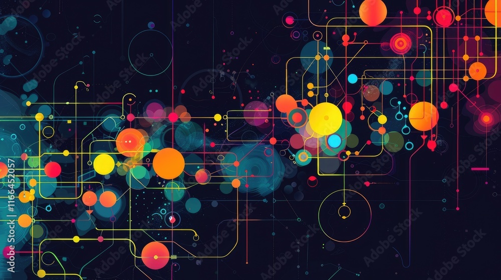 Poster this abstract design showcases a vibrant digital data visualization with colorful circles and lines,