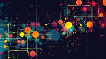 This abstract design showcases a vibrant digital data visualization with colorful circles and lines, representing complex workflows and modern technology concepts. Perfect for projects in tech and