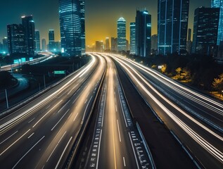 Fototapeta premium bustling highway in a modern city at night, streaks of car lights creating a dynamic flow, illuminated skyscrapers in the background, 