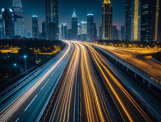 Fototapeta premium bustling highway in a modern city at night, streaks of car lights creating a dynamic flow, illuminated skyscrapers in the background, 