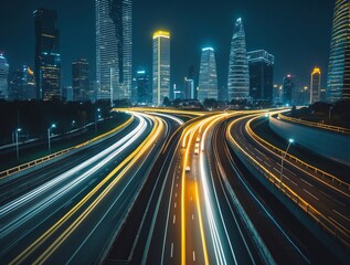 Obraz premium bustling highway in a modern city at night, streaks of car lights creating a dynamic flow, illuminated skyscrapers in the background, 