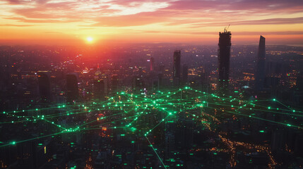 Fototapeta premium Smart Innovation city with connection cyber security network reciprocity over the sunset cityscape future wireless digital city and social media networking systems that connects people in the city