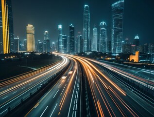 Obraz premium bustling highway in a modern city at night, streaks of car lights creating a dynamic flow, illuminated skyscrapers in the background, 
