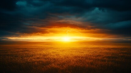 Fototapeta premium Lightning strikes at sunset over a golden field