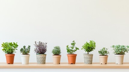 Fototapeta premium A row of potted plants on a wooden shelf against a neutral wall.
