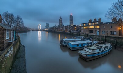 Naklejka premium London riverboats at dawn, city skyline