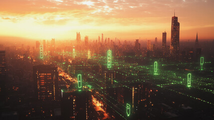 Fototapeta premium Smart Innovation city with connection cyber security network reciprocity over the sunset cityscape future wireless digital city and social media networking systems that connects people in the city