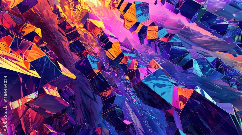 Poster explore a vibrant abstract landscape featuring geometric shapes and a psychedelic color palette. thi