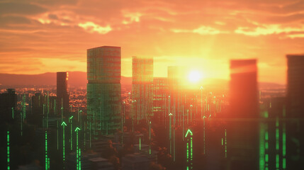 Fototapeta premium Smart Innovation city with connection cyber security network reciprocity over the sunset cityscape future wireless digital city and social media networking systems that connects people in the city