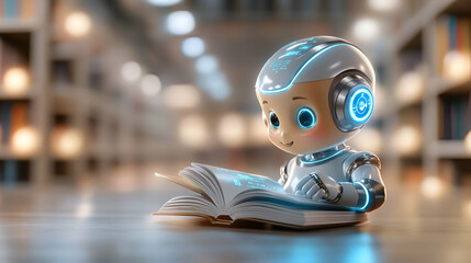 Blue robot with a sign reading and wearing a ninja outfit in a 3D cartoon style
