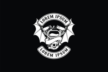 black and white motorcycle engine with Bat wings logo vector template