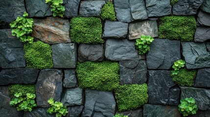 Stone wall with greenery and moss accents.