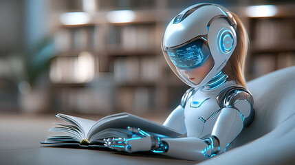 Blue robot with a sign reading and wearing a ninja outfit in a 3D cartoon style