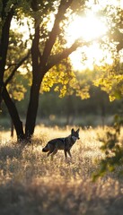 A coyote stands in a sunlit field surrounded by trees, capturing a serene nature moment.
