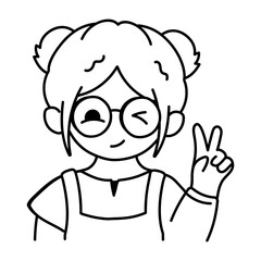 Chill girl making victory sign with hand, doodle style icon

