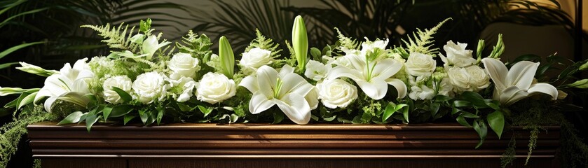 Fototapeta premium A floral arrangement featuring white lilies and roses atop a wooden surface.