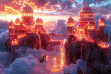 Obraz premium A breathtaking view of a mythical castle floating among clouds at sunset, illuminated by vibrant colors.