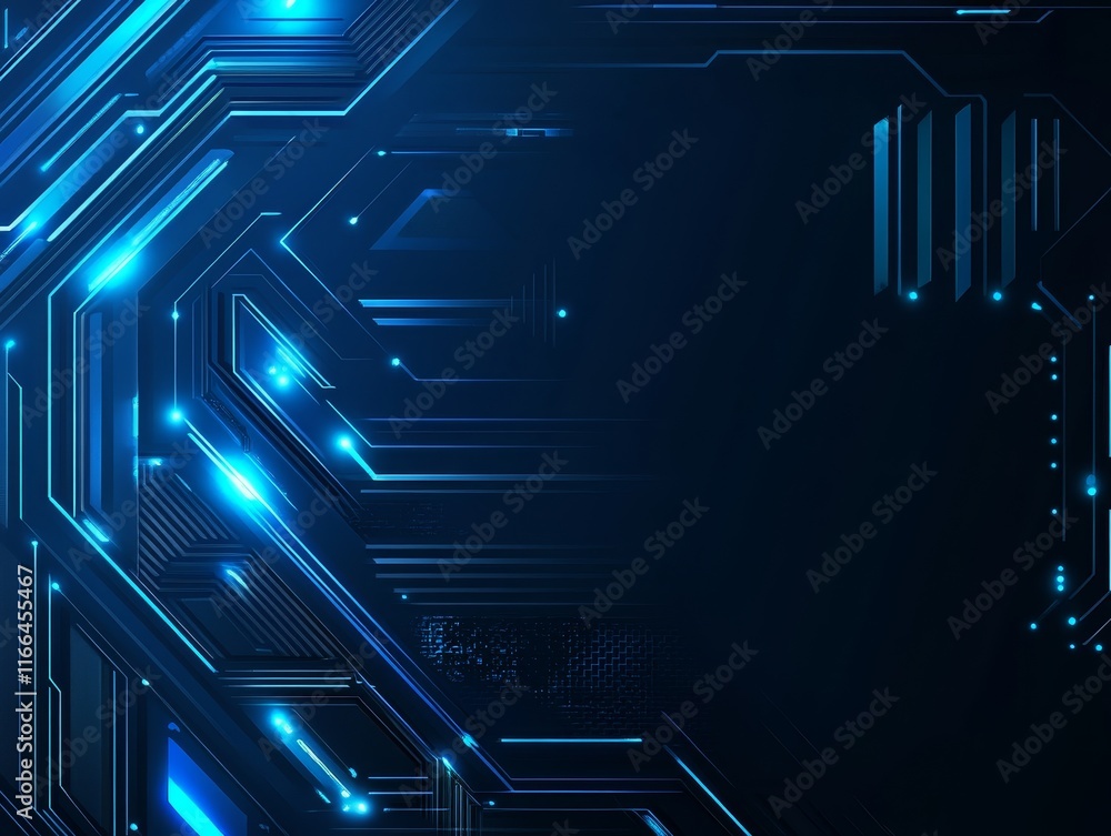 Poster abstract digital circuit design with blue glowing elements on a dark background.
