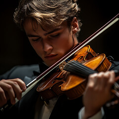 Passionate Young Virtuoso Playing Violin with Intense Focus and Emotion in a Dramatic Performance...