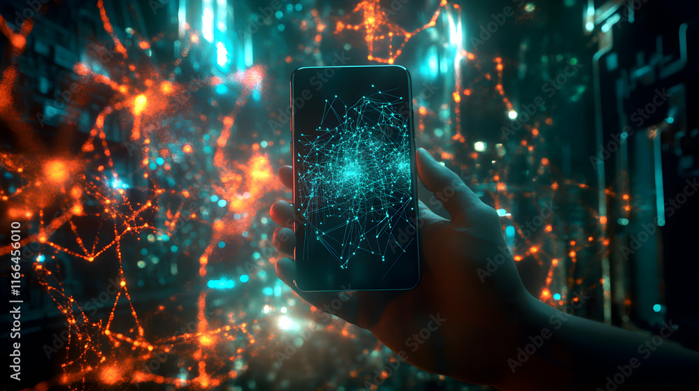 Aufkleber hand holding smartphone displaying futuristic network data visualization against a vibrant, abstract