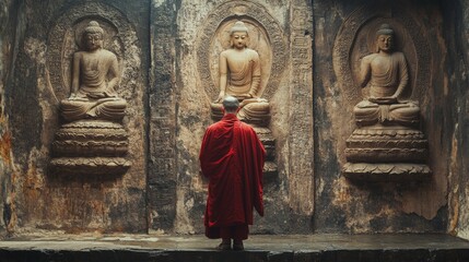 Caucasian monk in a Chinese monastery prays at an ancient wall with carved images of Buddha, immersed in his thoughts and prayers