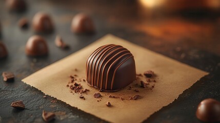 Close-up of a single dark chocolate bonbon on parchment paper, surrounded by chocolate pieces and...