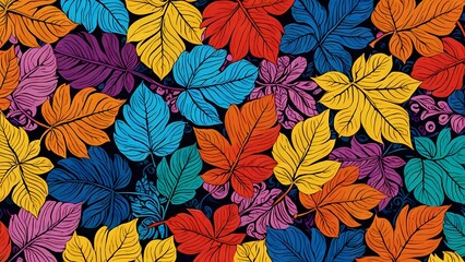 Fototapeta premium Vibrant colorful leaves pattern, tropical foliage, dark background, illustrated leaves, artistic design, bold colors, graphic design, seamless texture.