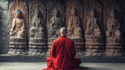 Caucasian monk in a Chinese monastery prays at an ancient wall with carved images of Buddha, immersed in his thoughts and prayers