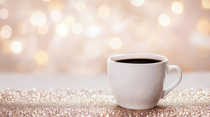 Fototapeta premium white coffee cup with black coffee on glittery background