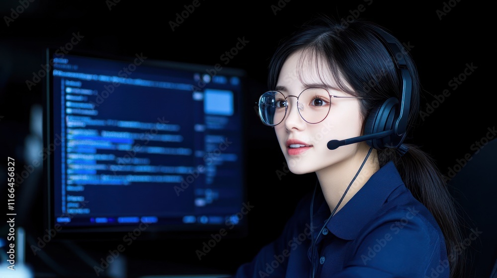 Aufkleber a young woman with a headset working on coding at a computer.