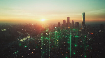 Obraz premium Smart Innovation city with connection cyber security network reciprocity over the sunset cityscape future wireless digital city and social media networking systems that connects people in the city