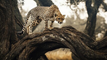 Obraz premium Cheetah walks down twisted tree in savannah