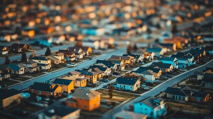Miniature suburban neighborhood at sunset with car on street