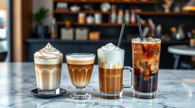 Assorted coffee beverages on marble countertop in modern cafe