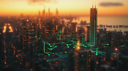 Obraz premium Smart Innovation city with connection cyber security network reciprocity over the sunset cityscape future wireless digital city and social media networking systems that connects people in the city