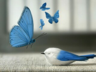Blue butterfly flying over resting bird, calm tranquility, delicate wing detail, symbolic harmony in nature, insect and bird study