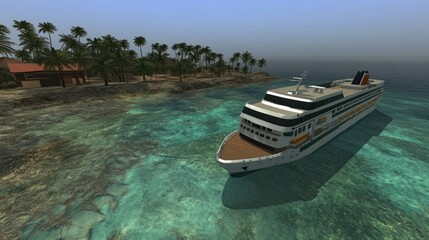 A cruise ship anchored near a tropical island with palm trees and clear waters.