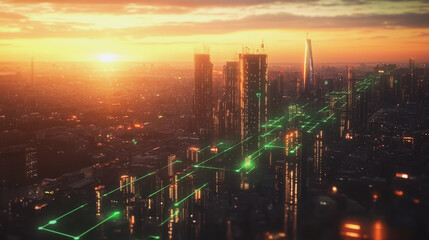 Fototapeta premium Smart Innovation city with connection cyber security network reciprocity over the sunset cityscape future wireless digital city and social media networking systems that connects people in the city