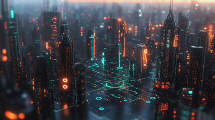 Fototapeta premium Smart Innovation city with connection cyber security network reciprocity over the sunset cityscape future wireless digital city and social media networking systems that connects people in the city