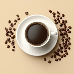 Fototapeta premium Aromatic Coffee Cup with Roasted Beans on Beige Background