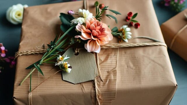 Beautifully Wrapped Gift Box with Natural Floral Decorations and Twine, Perfect Present for Special Occasions with Charming Brown Wrapping.