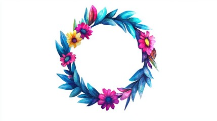 Obraz premium Vibrant Watercolor Floral Wreath Frame Circle Design Flowers Leaves Botanical Colorful Spring Summer