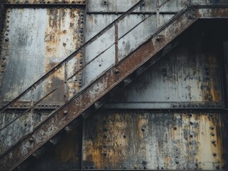 A weathered metal staircase against a rusty industrial backdrop.