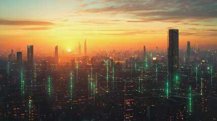 Fototapeta premium Smart Innovation city with connection cyber security network reciprocity over the sunset cityscape future wireless digital city and social media networking systems that connects people in the city