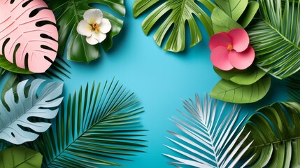 Naklejka premium Tropical Leaves Flowers Summer Design Teal Background Exotic Plants