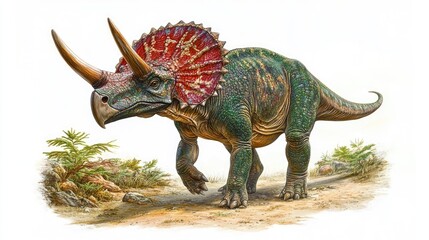 Fototapeta premium A colorful illustration of a Triceratops walking in a prehistoric landscape.