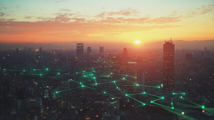 Fototapeta premium Smart Innovation city with connection cyber security network reciprocity over the sunset cityscape future wireless digital city and social media networking systems that connects people in the city