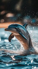 Fototapeta premium A dolphin leaps gracefully out of the water, creating a splash in a serene aquatic setting.