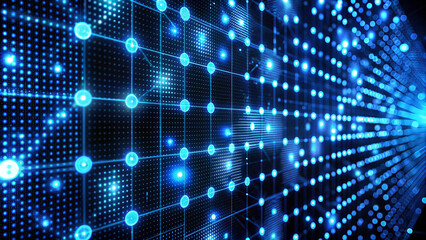 Digital Grid Displaying Vibrant Blue Lights and Interconnected Nodes in Cyberspace