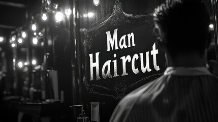 Black and white image of a man getting a haircut in a barbershop with a "Man Haircut" sign.